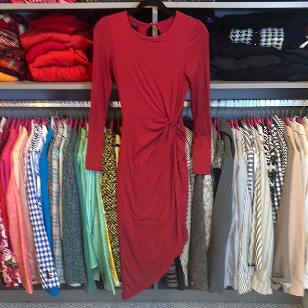 Bebe res long sleeve front knot asymmetrical hem dress back button size XXS